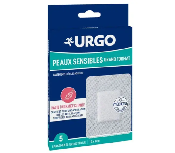 Pansements peaux sensibles grand format Urgo - boite de 5 pansements de 10x8cm