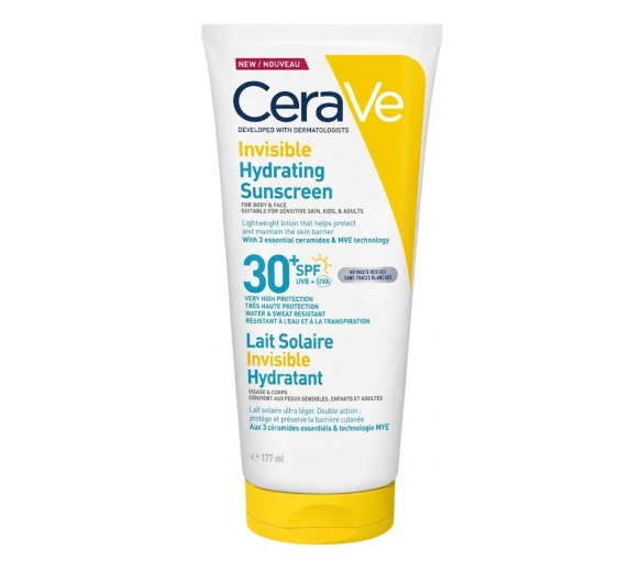 Lait solaire invisible hydratant SPF30+ haute protection visage et corps CeraVe - tube de 177ml