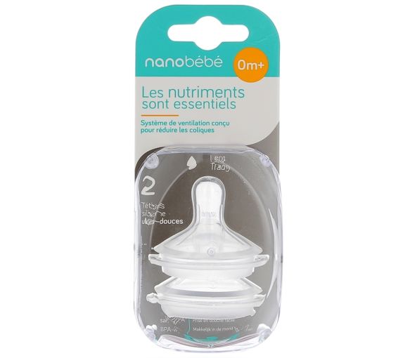 Tétines silicone ultra-douces 0m+ Lent Nanobébé - 2 tétines