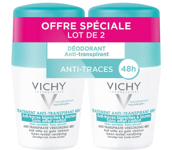 Déodorant anti-transpirant 48h anti-traces blanches & jaunes Vichy - lot de 2 roll-on billes de 50 ml - image 1