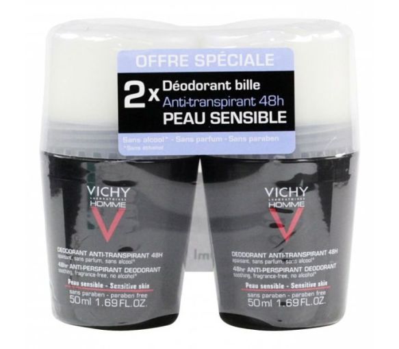 Déodorant anti-transpirant 48h peau sensible Vichy homme - 2 flacons bille de 50 ml