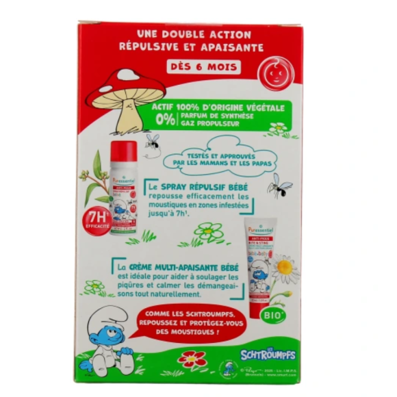 Anti-pique schtroumpfs bébé dès 6 mois Puressentiel - coffret répulsif + apaisant + un bavoir offert