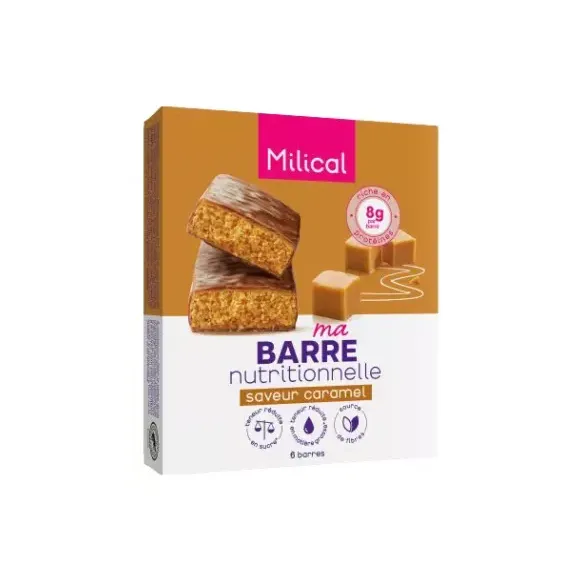 Barre hyperprotéinée saveur caramel Milical - boite de 6 barres