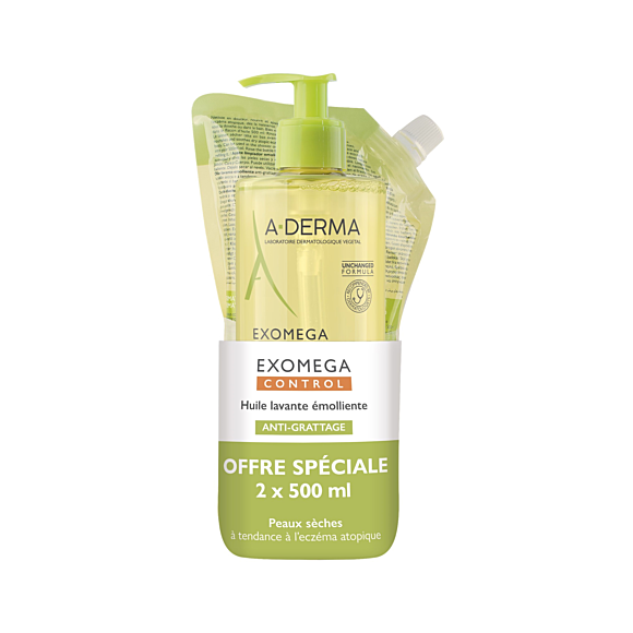 Exomega Control Huile lavante émolliente anti-grattage A-derma - flacon-pompe et recharge de 500ml
