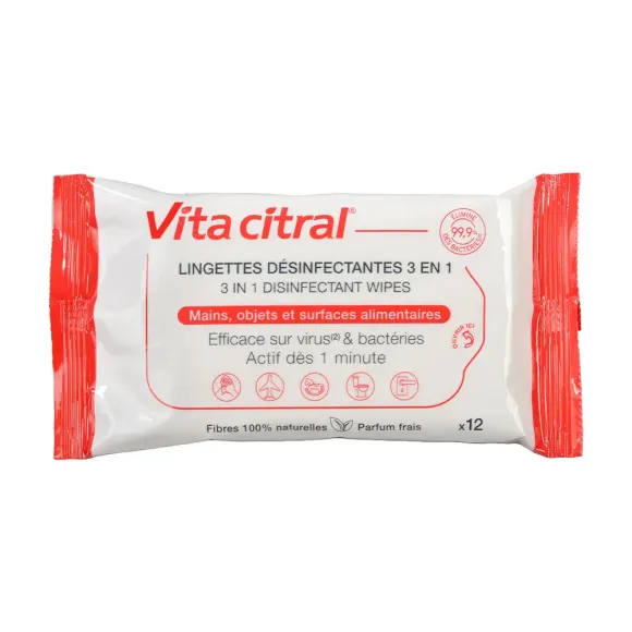 Lingettes désinfectantes 3 en 1 Vita Citral - paquet de 12 lingettes 