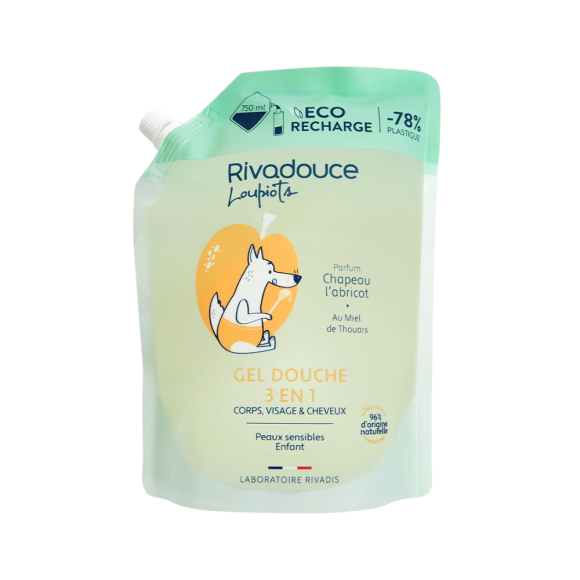 Gel douche 3 en 1 Chapeau l'Abricot Rivadouce Loupiots - éco-recharge de 750ml 