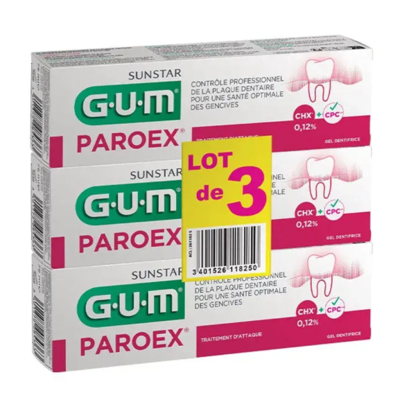 Paroex dentifrice traitement d'attaque plaque dentaire Gum - 2 tubes de 75ml + 1 offert