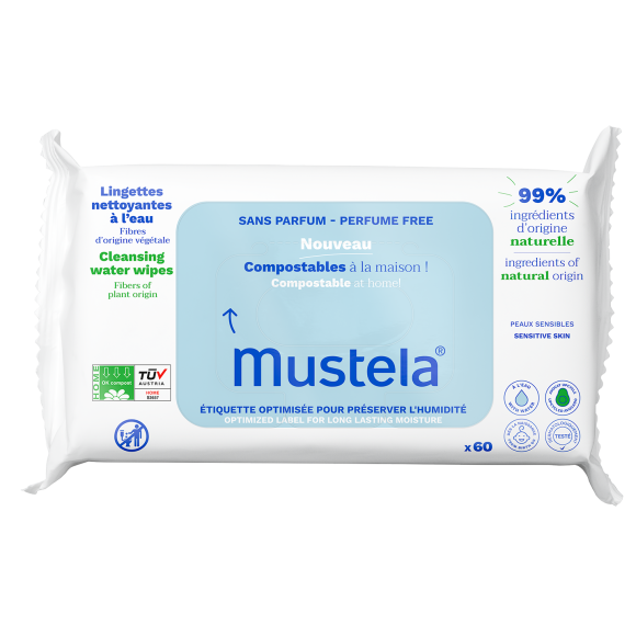 Lingettes nettoyantes compostables sans parfum Mustela - sachet de 60 lingettes