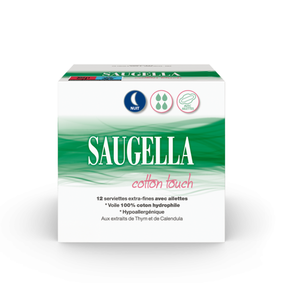 Cotton touch serviette extra-fine avec ailettes nuit Saugella - boite de 12 serviettes