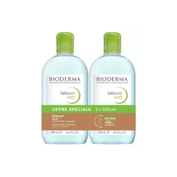 Sébium H2O Eau micellairebpurifiante Bioderma - 2 flacons de 500ml