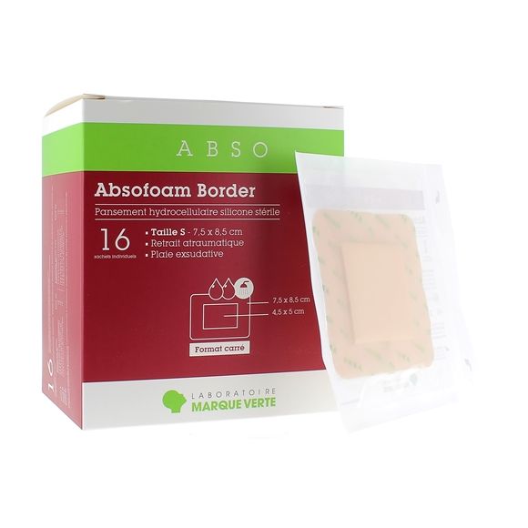 Absofoam Border Pansement Hydrocellulaire Marque Verte - boîte de 16 pansements de 7,5 x 8,5 cm