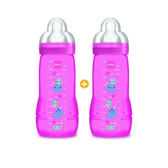 Biberon rose Easy active 2 ème âge 6 mois + Mam - 2 biberons de 330 ml