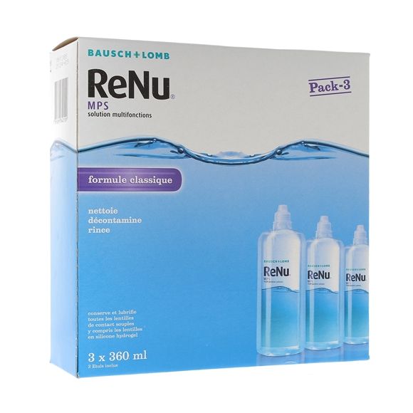 ReNu MPS Solution multifonctions formule classique Bausch Lomb - lot de 3 flacons de 360 ml + 3 étuis à lentilles