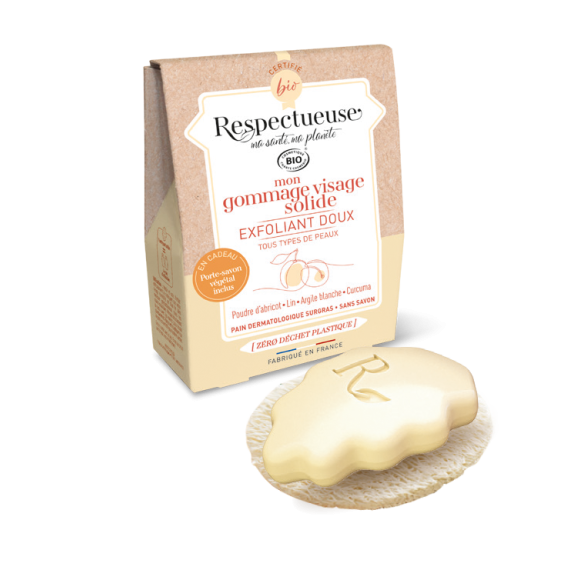 Mon gommage visage solide exfoliant doux bio Respectueuse - pain de 35g + porte-savon végétal offert