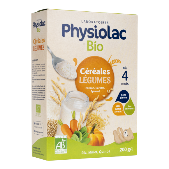 Physiolac Bio Céréales Légumes dès 4 mois Gilbert - boîte de 200 g