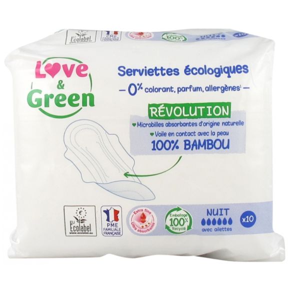 Serviettes hypoallergéniques nuit Love & Green - sachet de 10 serviettes