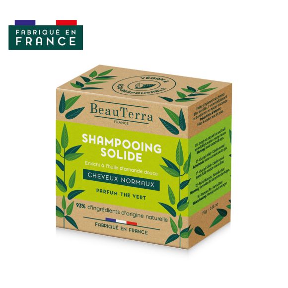 Shampoing solide cheveux normaux parfum thé vert BeauTerra - Shampoing de 75 g