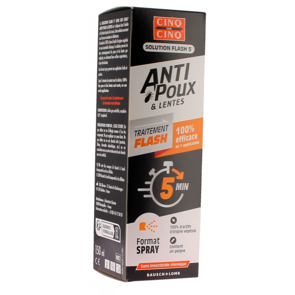 Solution flash 5' anti-poux et lentes Cinq sur Cinq - spray de 150ml + un peigne
