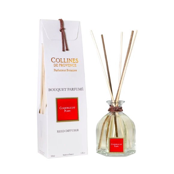 Bouquet parfumé coquelicot Collines de Provence - flacon en verre + tiges de rotin naturel