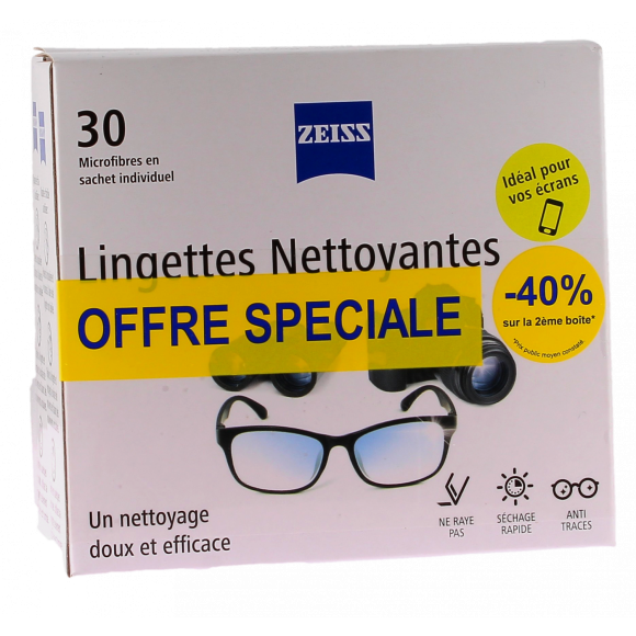 Lingettes nettoyantes pour lunettes Zeiss - lot de 2 boites de 30 lingettes