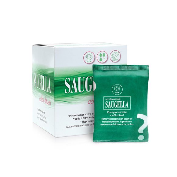 Cotton touch serviette extra-fine avec ailettes jour Saugella - boite de 14 serviettes