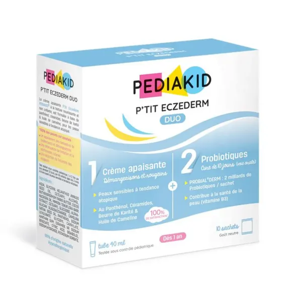 P'tit Eczederm duo crème apaisante et probiotiques Pediakid - boîte de un tube de 40ml et 10 sachets 