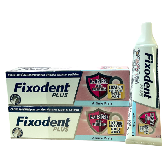 Crème adhésive anti-particules arôme frais Fixodent plus - lot de 2 tubes de 35g
