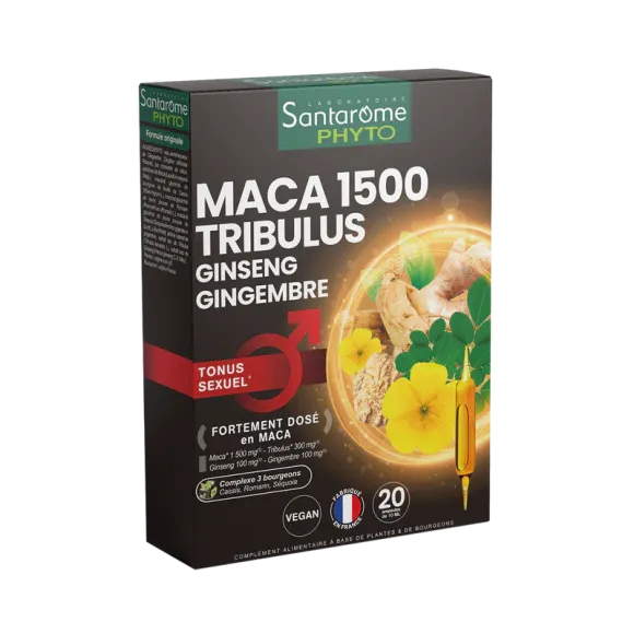 Maca 1500 tribulus ginseng gingembre Tonus sexuel Santarome - boîte de 20 ampoules