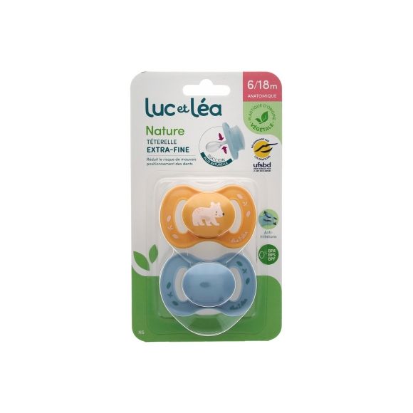 Nature sucettes anatomiques téterelle extra-fine 6-18 mois ours & bleu Luc et Léa - lot de 2 sucettes