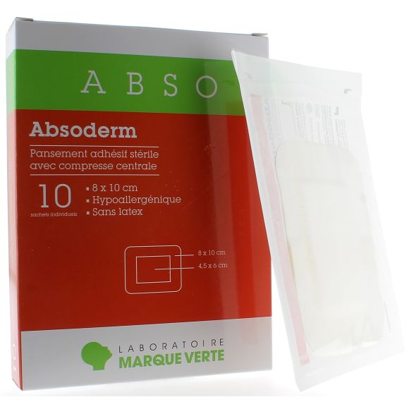 Absoderm Pansement adhésif stérile avec compresse centrale 8x10 cm Marque Verte - boîte de 10 sachets individuels